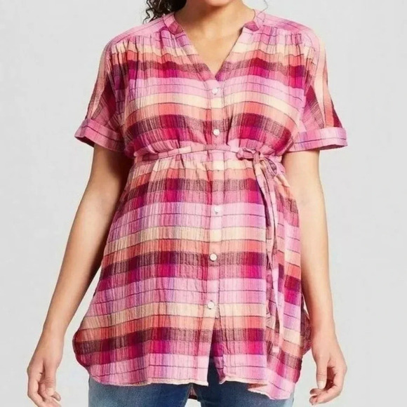 Isabel Maternity Shirt Pink Plaid Dolman Button Down NWT - Picture 1 of 8
